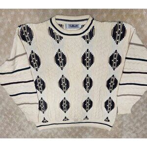 Lavane New York Sweater Mens Large Cream Geometric 3D Knit Coogi Style Vintage